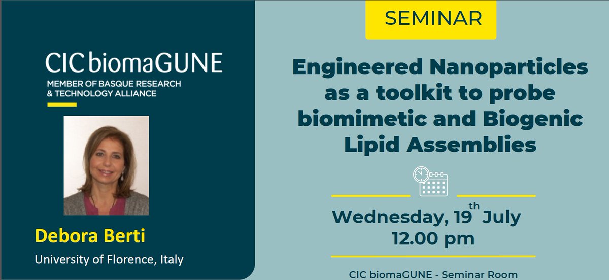 CICbiomaGUNE's tweet image. 19/07/2023 #Seminar

Debora Berti (@UNI_FIRENZE ,  Italy) will deliver the seminar entitled "#Engineered #Nanoparticlesas a  toolkit to probebiomimetic and BiogenicLipid Assemblies"

👉cicbiomagune.es/sites/default/…

@brta_eus #CICbiomaGUNEseminars