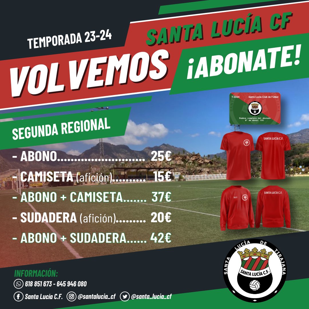 Santa_Lucia_CF's tweet photo. ⚠️ VOLVEMOS ⚠️

📣Hoy hacemos oficial nuestro regreso con la nuestra campaña de abonados 🪪.

Abonate al Santa y unete a la familia verdiroja 💚❤️

👕Viste los colores del equipo con la camiseta y sudadera de la afición.

Regresa con nosotros. ⚽️✨ https://t.co/am2jLA0aM4