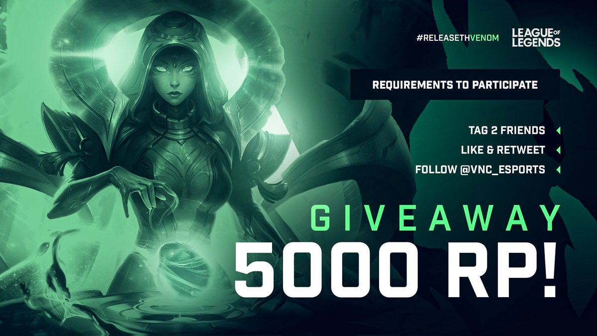 Venomcrest (@vnc_esports) on Twitter photo 🚨VENOMCREST MID-SPLIT GIVEAWAY!!🚨
To celebrate both of our teams and their current performances in the NLC Summer Split, we are looking to giveaway 5000 RP!
To Enter:
💚Follow <a href="/VNC_Esports/">Venomcrest</a>
❤️Like + ♻️Retweet
💙Tag two friends in the comments below
Winner picked in 5 days! 🚨VENOMCREST MID-SPLIT GIVEAWAY!!🚨
To celebrate both of our teams and their current performances in the NLC Summer Split, we are looking to giveaway 5000 RP!
To Enter:
💚Follow <a href="/VNC_Esports/">Venomcrest</a>
❤️Like + ♻️Retweet
💙Tag two friends in the comments below
Winner picked in 5 days!