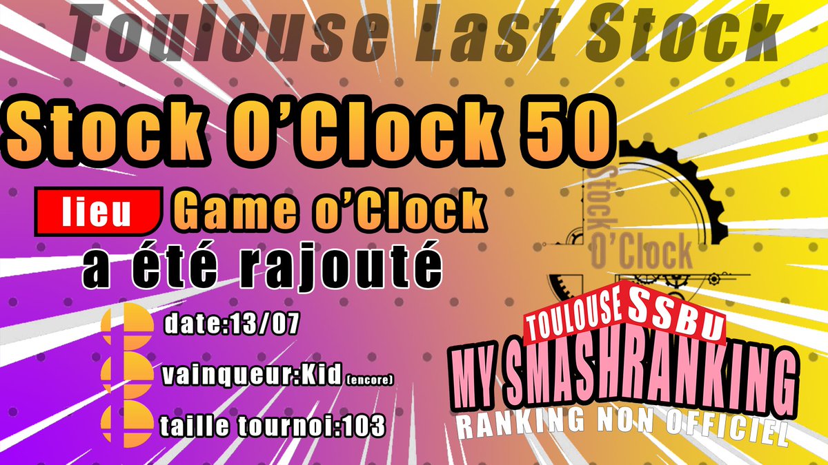 MSR_Toulouse's tweet photo. Nous venons de passer la barre des 50 Stock O'Clock avec (encore) une victoire de Kid, cette fois sur Master!
Le Stock O'Clock 50 a été rajouté au ranking https://t.co/9qYXYu5Tct