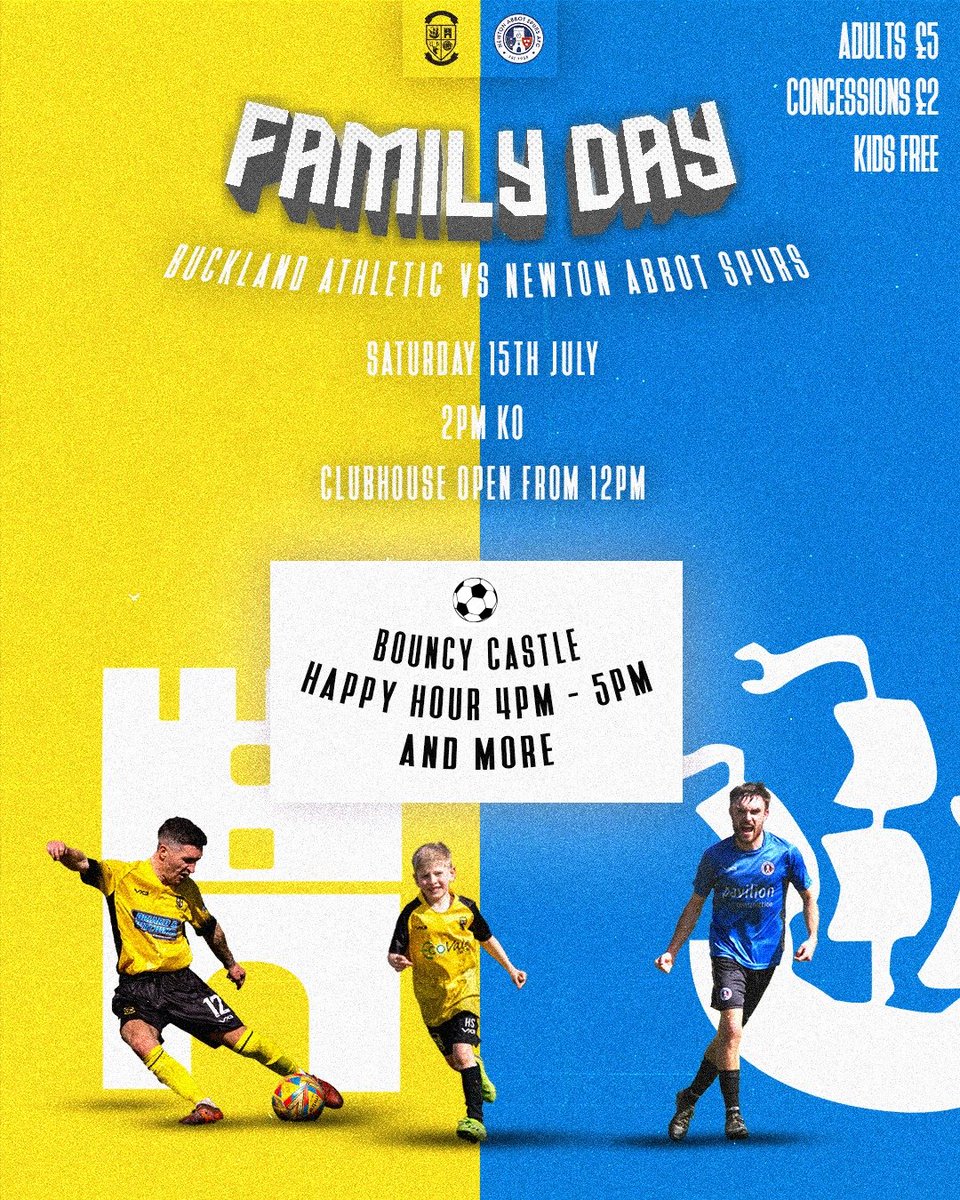 ⚽️ | 𝗧𝗼𝗺𝗼𝗿𝗿𝗼𝘄.

Newton Abbot football comes together for 'Family Day'.

🗓 Saturday 15th July
🆚️ <a href="/NewtonSpurs/">Newton Abbot Spurs</a>
🏆 Pre Season Friendly
🏟 Homers Heath, TQ12 1DG
💷 Adults £5, Concession £2
⏱️ 2pm KO 

🍺🍔 Homers Bar, Kitchen &amp; Treats open from 12pm.

🫎

#UpTheBucks 🟡⚫️