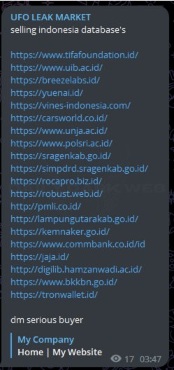 DailyDarkWeb's tweet photo. #Indonesia 🇮🇩 - A threat actor claims to be selling databases of 20 Indonesian websites

#DarkWeb https://t.co/PWafIPtvpZ