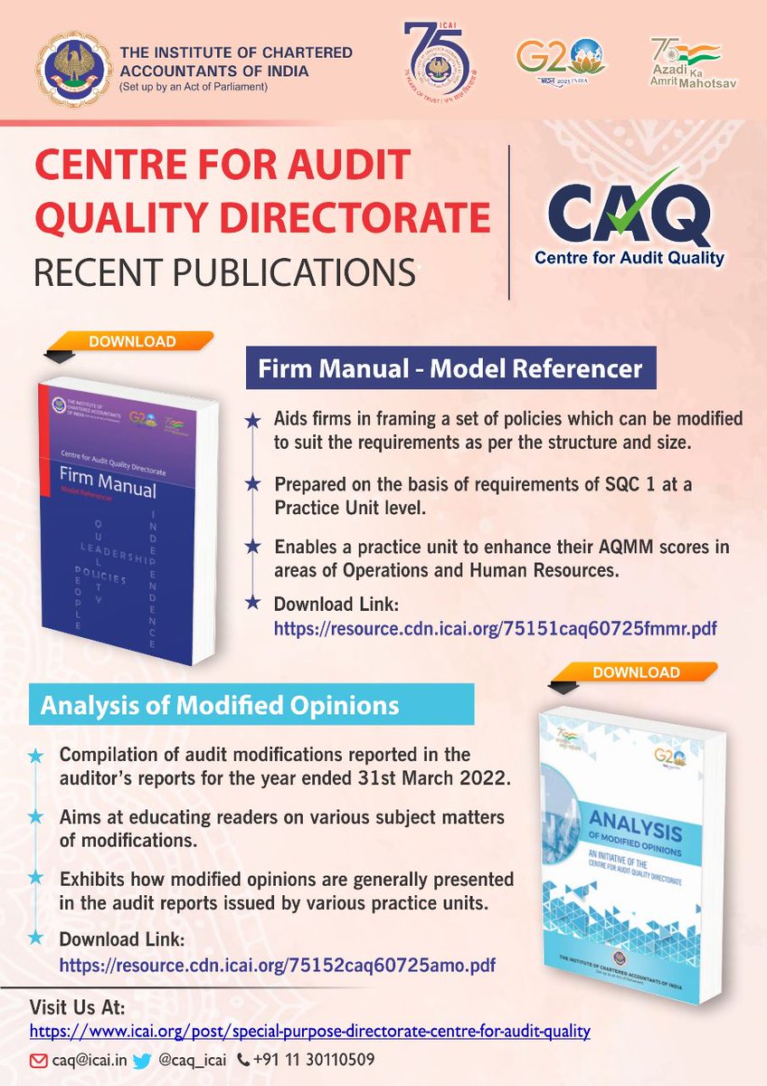 theicai's tweet photo. Centre for Audit Quality Directorate of ICAI has released publications for the ease of work of Members and Firms by providing them a ready reckoner. 
Firm Manual-Model Referencer https://t.co/YbOZWQl2W2
Analysis of Modified Opinions https://t.co/fss5F3nw2S
#ICAIat75 #AuditQuality https://t.co/fY1NARNTFP