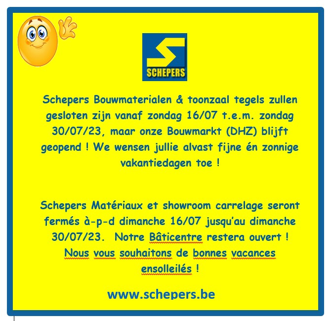 SchepersBouwmar's tweet photo. Hou er rekening mee... we gaan genieten van een welverdiende zomervakantie ! De afdeling #bouwmaterialen en showroom #tegels helpen U graag terug verder vanaf maandag 31/07 a.s. om 7.00 u.  
Onze #bouwmarkt (DHZ-winkel) blijft echter wel geopend ! 
#bouwen #verbouwen #renoveren https://t.co/teLdzUl22m