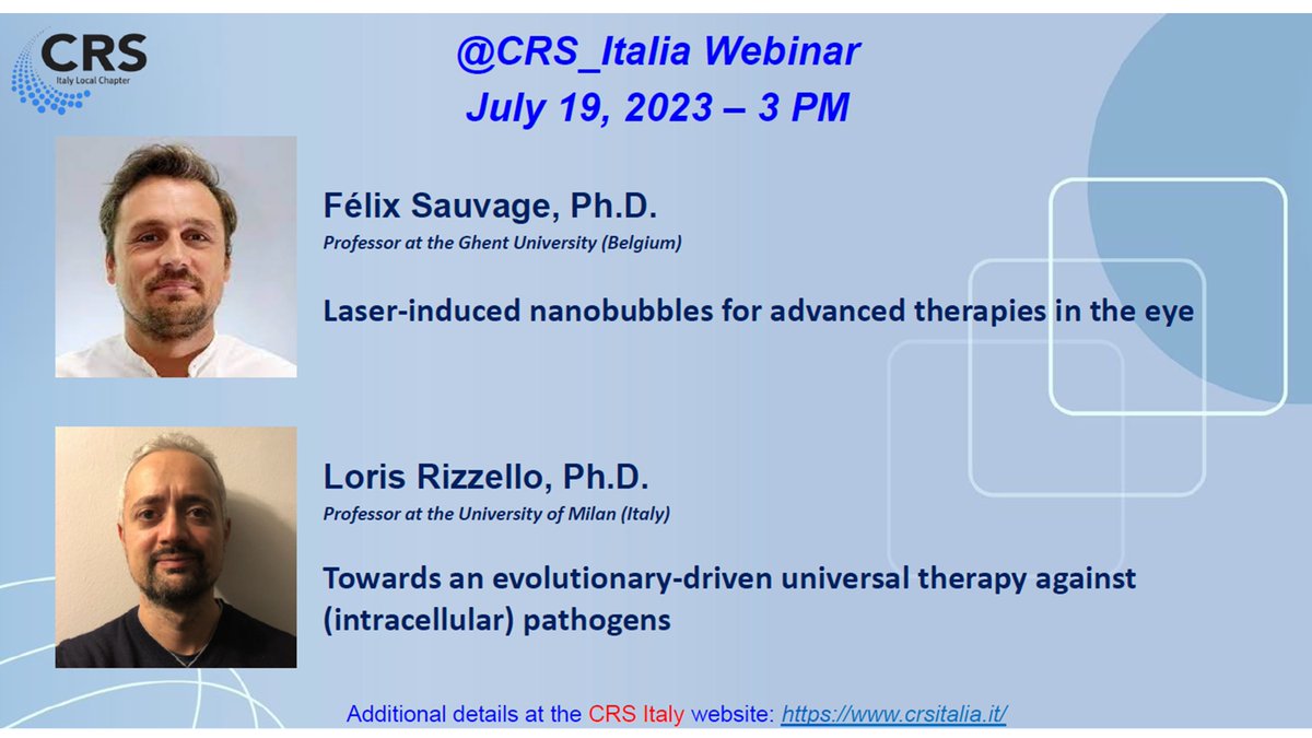 Are you already packing for <a href="/CRSScience/">Controlled Release Society</a> Meeting in Las Vegas? Have a break and join us for <a href="/CRS_Italia/">CRS Italy Local Chapter</a> webinar next Wednesday (July 19th). We'll host two stellar <a href="/ERC_Research/">European Research Council (ERC)</a> grantees: prof. @felix_sauvage 🇧🇪 and prof. <a href="/loris_rizzello/">Loris Rizzello</a> 🇮🇹. Register here: crsitalia.it/webinars/local…