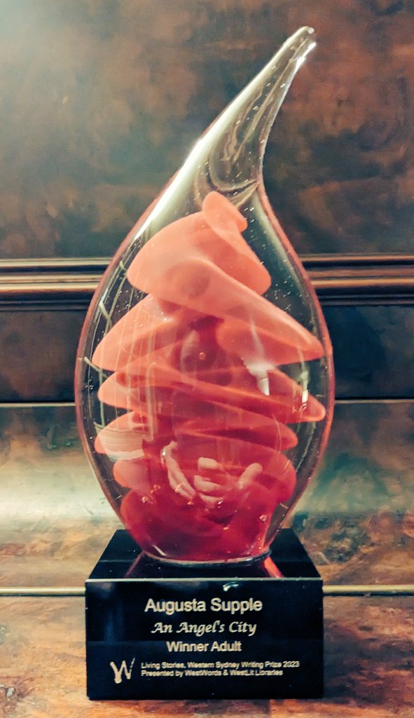 Thanks to the judges of the <a href="/WestWordsWS/">WestWords</a> Living Stories competition for awarding me this beautiful trophy for my short story "An Angel's City." Presented to me by Her Excellency the Honourable Margaret Beazley KC AC, the Governor of NSW today. #westernsydney