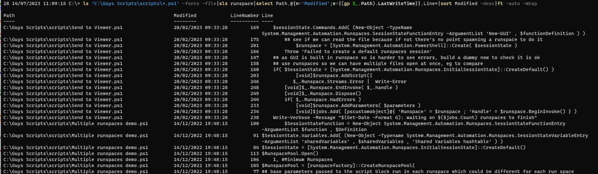 guyrleech's tweet photo. I often use #PowerShell Select-String (alias sls) to search for words/regex in my PS files to find code to reuse. Today I wanted to find the most recent files so added this to the simple search with a calculated property
🧵 https://t.co/eBdLkFRU3K
