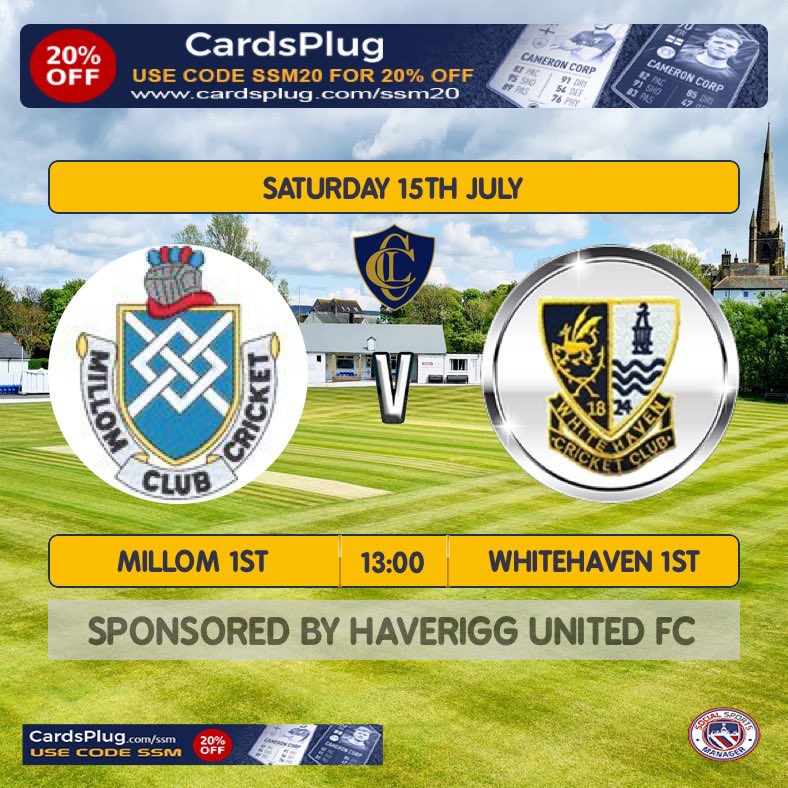 Millom Cricket Club (@millom_cc) on Twitter photo Tomorrows home game
13:00 start ๐
Bar open ๐ป
Singer on after the game ๐ค
Sponsor: <a href="/HaveriggUnited/">Haverigg United FC</a> Tomorrows home game
13:00 start ๐
Bar open ๐ป
Singer on after the game ๐ค
Sponsor: <a href="/HaveriggUnited/">Haverigg United FC</a>