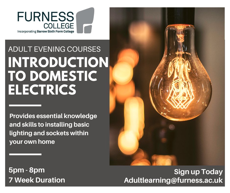 Furness College (@furness_college) on Twitter photo 💡INTRODUCTION TO DOMESTIC ELECTRICS💡
Learn basic circuit installation and assembly with our course in domestic electrics coming September.
This course is part of our highly sought-after construction skills evening courses.
Contact: adultlearning@furness.ac.uk 💡INTRODUCTION TO DOMESTIC ELECTRICS💡
Learn basic circuit installation and assembly with our course in domestic electrics coming September.
This course is part of our highly sought-after construction skills evening courses.
Contact: adultlearning@furness.ac.uk