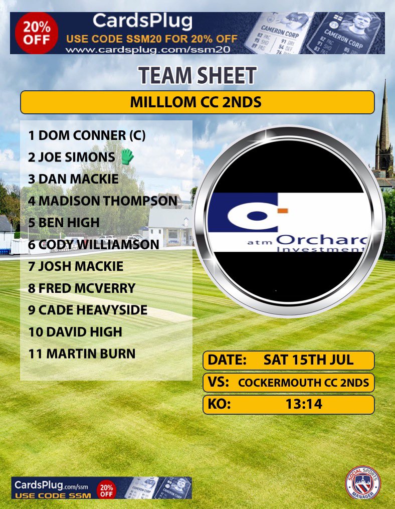 Team news for tomorrow 

Millom cc 1st vs Whitehaven cc 1st 13:00 
Cockermouth cc 2nds vs millom cc 2nds 13:00 
🏏