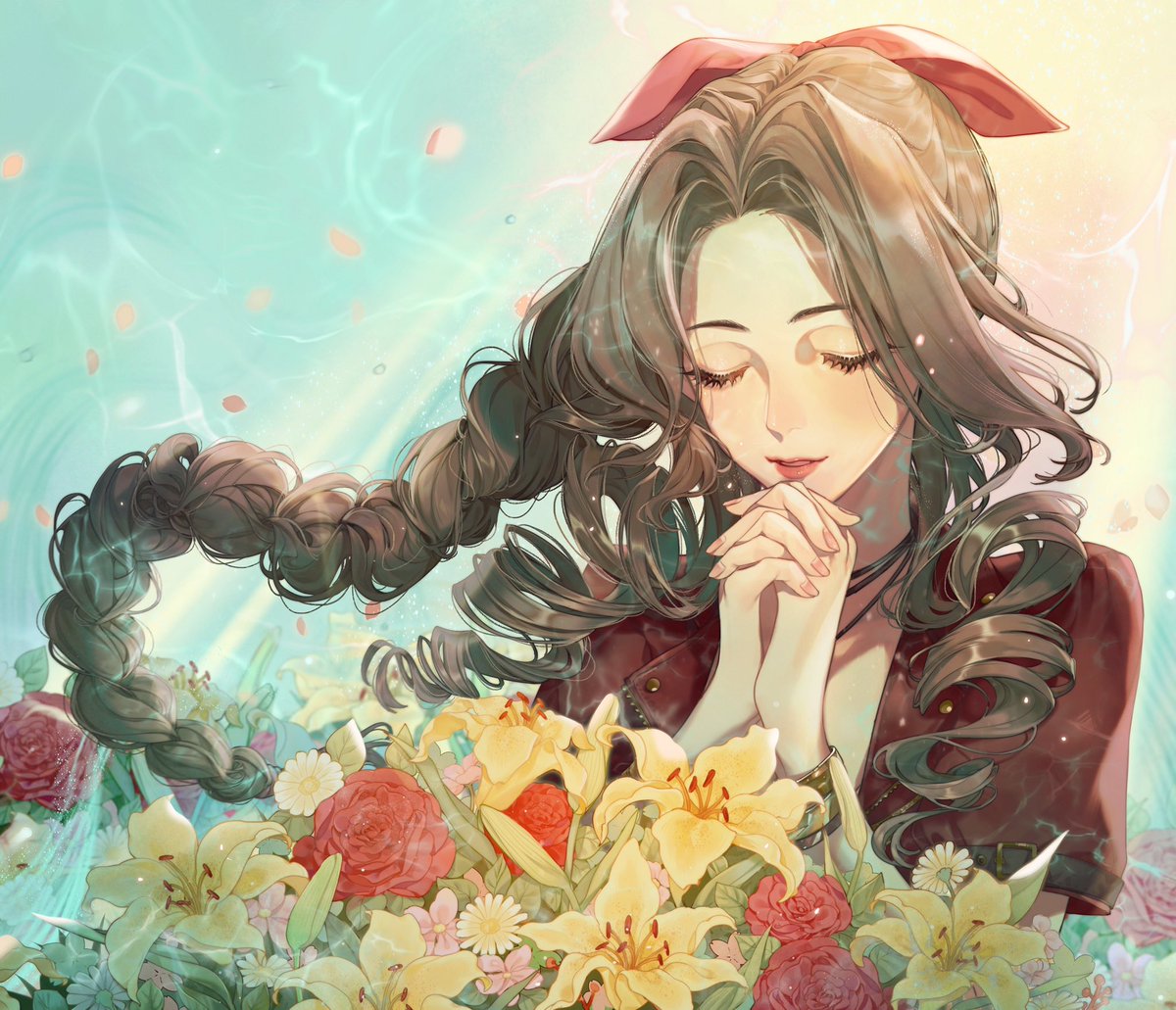 aerith gainsborough 1girl solo flower brown hair closed eyes own hands together long hair  illustration images