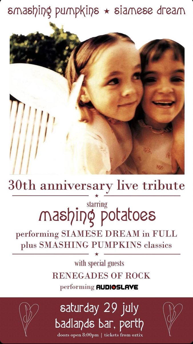 Ozphoria's tweet photo. Perth @SmashingPumpkin fans! 

Tribute concert coming up from the local “Mashing Potatoes” performing Siamese Dream in its entirety, plus some additional Pumpkins classics. 

Video in the 🧵

#smashingpumpkins

@SPfreaks @PumpkinsPodcast @splocal365 

https://t.co/ltMfRquEJw https://t.co/qzkO6d8LYm
