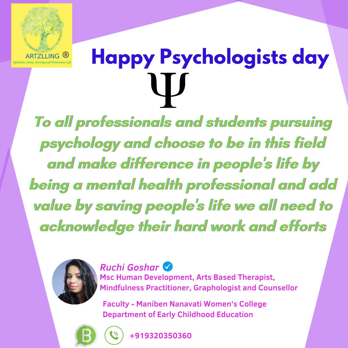 RuchiGoshar's tweet photo. It's a national Psychologists Appreciation Day on this day its a appreciation for all individuals who work as professionals and licensed psychologist . It's a day to say thank you to all mental health professionals who add value to people's life 💜

#ruchigoshar #artzlling https://t.co/UszFM8ZHvc