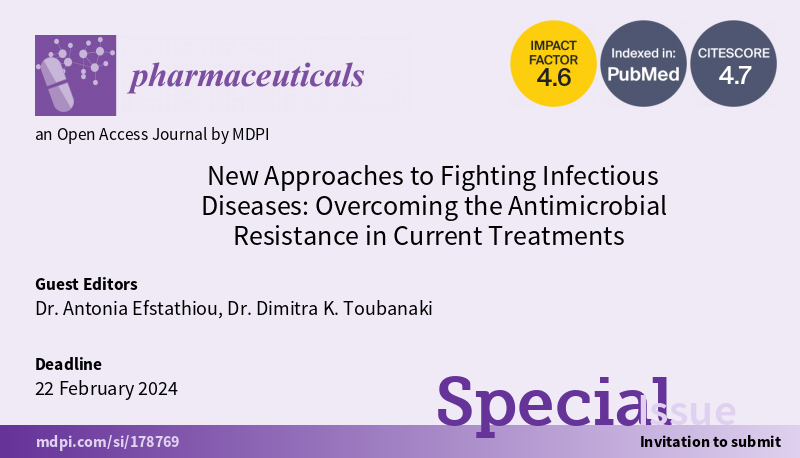 Pharmaceut_MDPI's tweet photo. 📢#Specialissue : "New Approaches to Fighting #InfectiousDiseases: Overcoming the #AntimicrobialResistance in Current Treatments"  
⏰Deadline: 22 February 2024 
🎓Guest Editors : Dr. Antonia Efstathiou and Dr. Dimitra K. Toubanaki
📖Find out more at https://t.co/bpU0qZ5OfF https://t.co/Pgm2bR4OA1