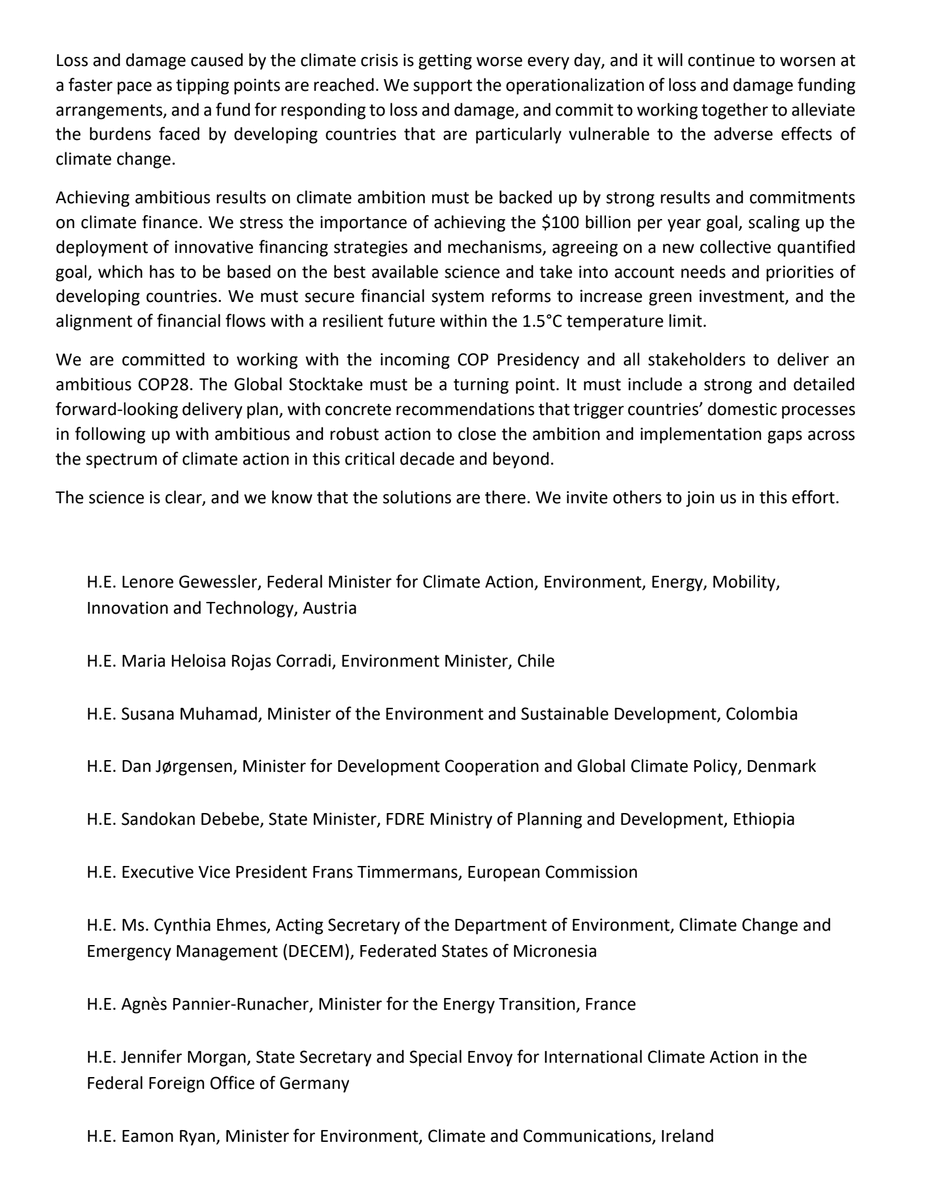 LeoHickman's tweet photo. ++BREAKING++

18 ministers from the "High Ambition Coalition" group of nations have issued a letter calling for "an urgent phase out from fossil fuels"... 

"We must peak GHG
emissions by 2025 at the latest and reduce them by 43% by 2030 compared to 2019 levels"

#COP28 https://t.co/8lZ3wrjKZq