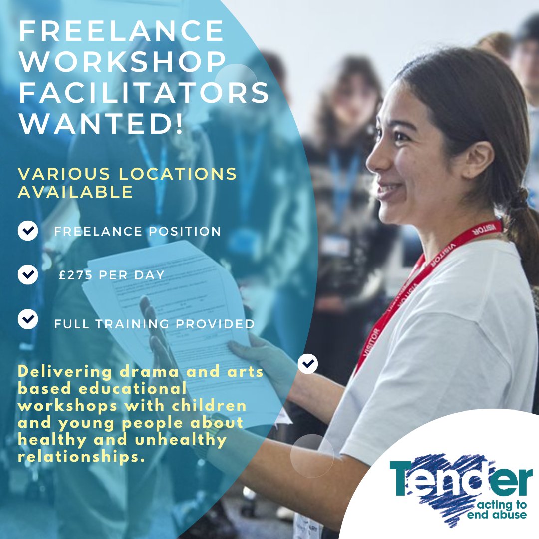 Tender is looking for Freelance Workshop Facilitators to deliver drama and arts based educational workshops about healthy and unhealthy relationships.

Full training provided, apply by 8th Sept!

tender.org.uk/join-our-team/

#freelancejobs #artsjobs #dramajobs #schoolsjobs #vacancy