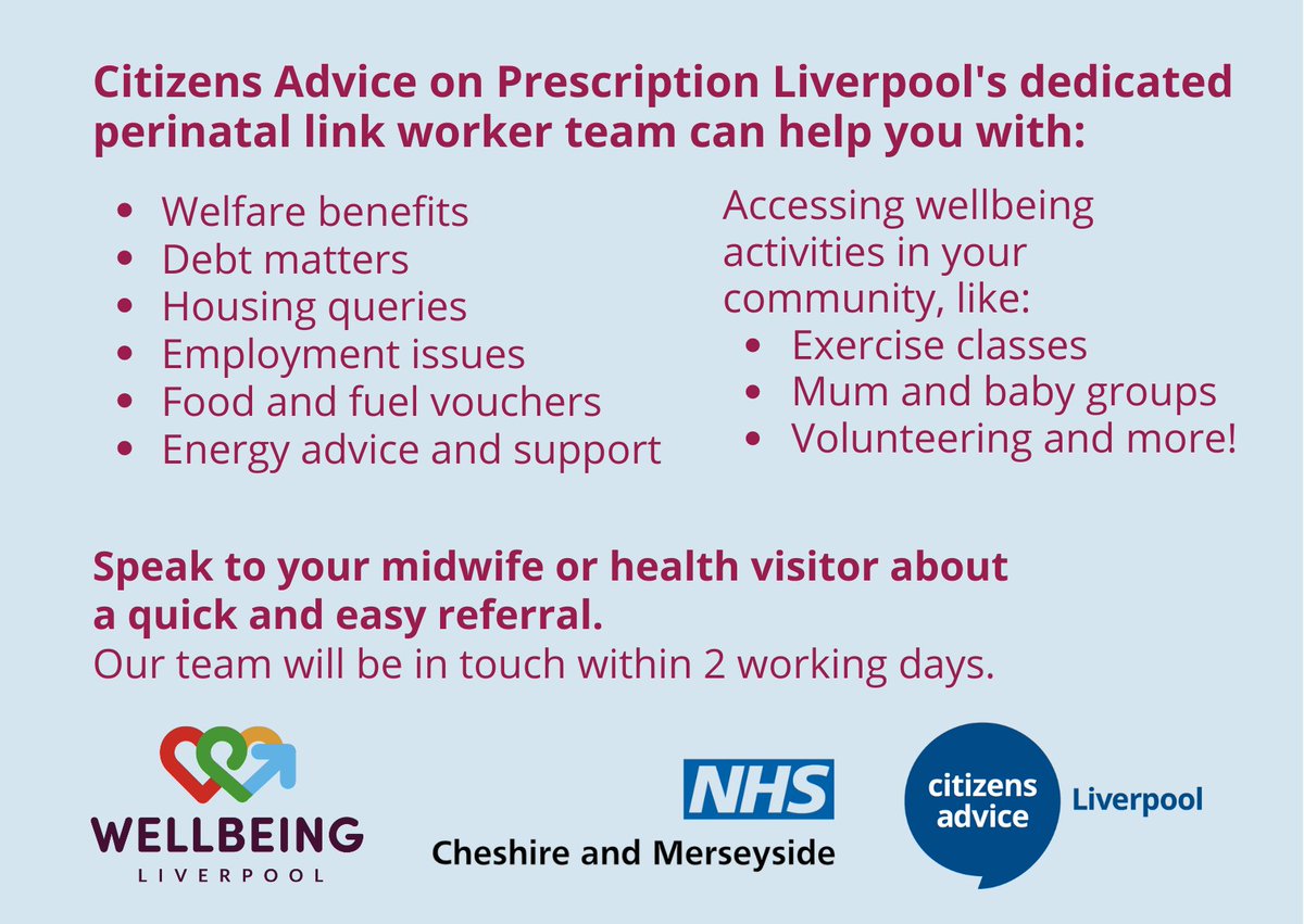 CALiverpool_'s tweet image. Did you know that Liverpool midwives/health visitors can refer to Advice on Prescription? 🏥

We provide practical advice on issues like debt, benefits, and housing. Wellbeing support is also available.

Approved partners can use their online referral form to begin this process.