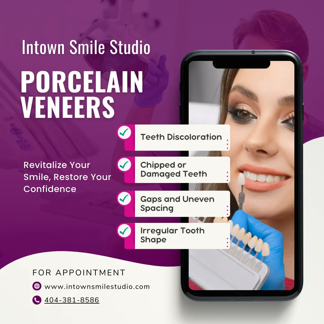 Porcelain veneers are thin, custom-made shells that are bonded to the front surface of your teeth. They are crafted from high-quality dental porcelain, which closely mimics the natural appearance of your teeth. 

Call us ☎️ 404-381-8586

#InTownSmileStudio #PorcelainVeneers