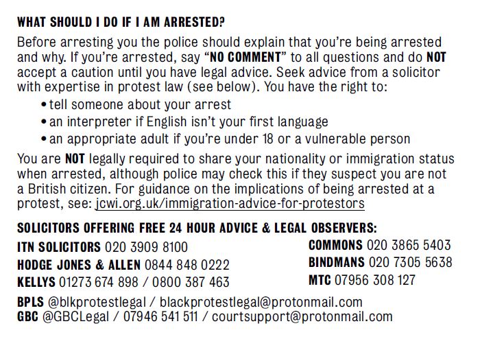 If you're protesting this weekend:

KNOW YOUR RIGHTS
KNOW THE RISKS
KEEP EACH OTHER SAFE

📲SAVE these legal advice bustcards

📡SHARE with other protesters

🖊️WRITE phone numbers on your arm

🦺FIND Legal Observers for assistance

🤫"NO COMMENT" without lawyer