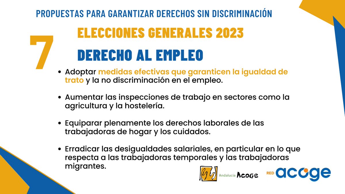 Para las personas migrantes existen numerosas barreras en el acceso al empleo, que se traducen en vulneraciones de derechos y discriminaciones. Entre ellas, una brecha salarial de 7.000 € y una tasa de paro 7 puntos mayor que la población española.
 
#PropuestasAcoge #23J 🗳️