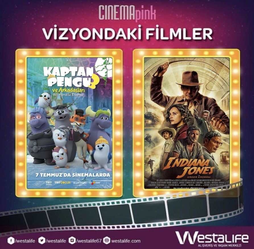 14 Temmuz CinemaPink Vizyondaki Filmler 🎬🍿 
iyi seyirler ! 
#westalifeavym #cinemapink #zonguldak #vizyonfilmleri #semur4 #resif #MissionImpossible #ruhlarbölgesi #IndianaJones #kaptanpenguvearkadaşları