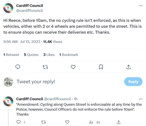 closepassescdf's tweet photo. So, what do we know about @CardiffCouncil/@SWPolice's #OpCastor on Queen St? 
1) It targets disabled ppl on adapted bikes (illegal?)
2) Bikes are permitted before 10am. Unless a copper sees one.
So you can deliver to a shop on a cargo bike. Unless the cops are about.
What a mess. https://t.co/pu7zoRoWuc