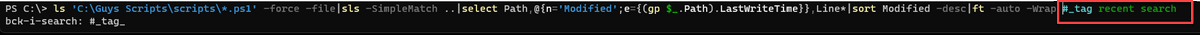 guyrleech's tweet photo. But how to find the command line again next time you need it without lots of cursor upping?
Add a keyword (_tag in my example) to the end of the line as a comment with # then use ctrl r (repeatedly) in PS to search your history for that tag by typing #_tag after ctrl r https://t.co/7PWQxCkuBA