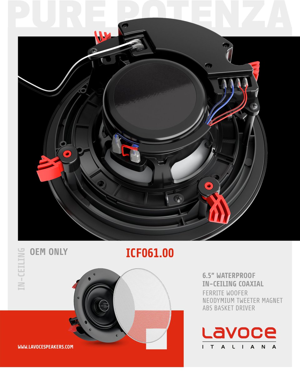 LavoceItaliana's tweet image. Discover #LAVOCE 𝗜𝗖𝗙𝟬𝟲𝟭.𝟬𝟬!
An innovative 6.5" #Waterproof #InCeiling #Coaxial developed by our Italian R&amp;amp;D team for our OEM customers.
• #IP65 protection grade
• 81mm mounting depth
lavocespeakers.com/single-product…