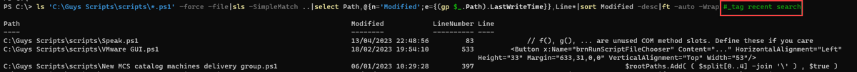 guyrleech's tweet photo. But how to find the command line again next time you need it without lots of cursor upping?
Add a keyword (_tag in my example) to the end of the line as a comment with # then use ctrl r (repeatedly) in PS to search your history for that tag by typing #_tag after ctrl r https://t.co/7PWQxCkuBA