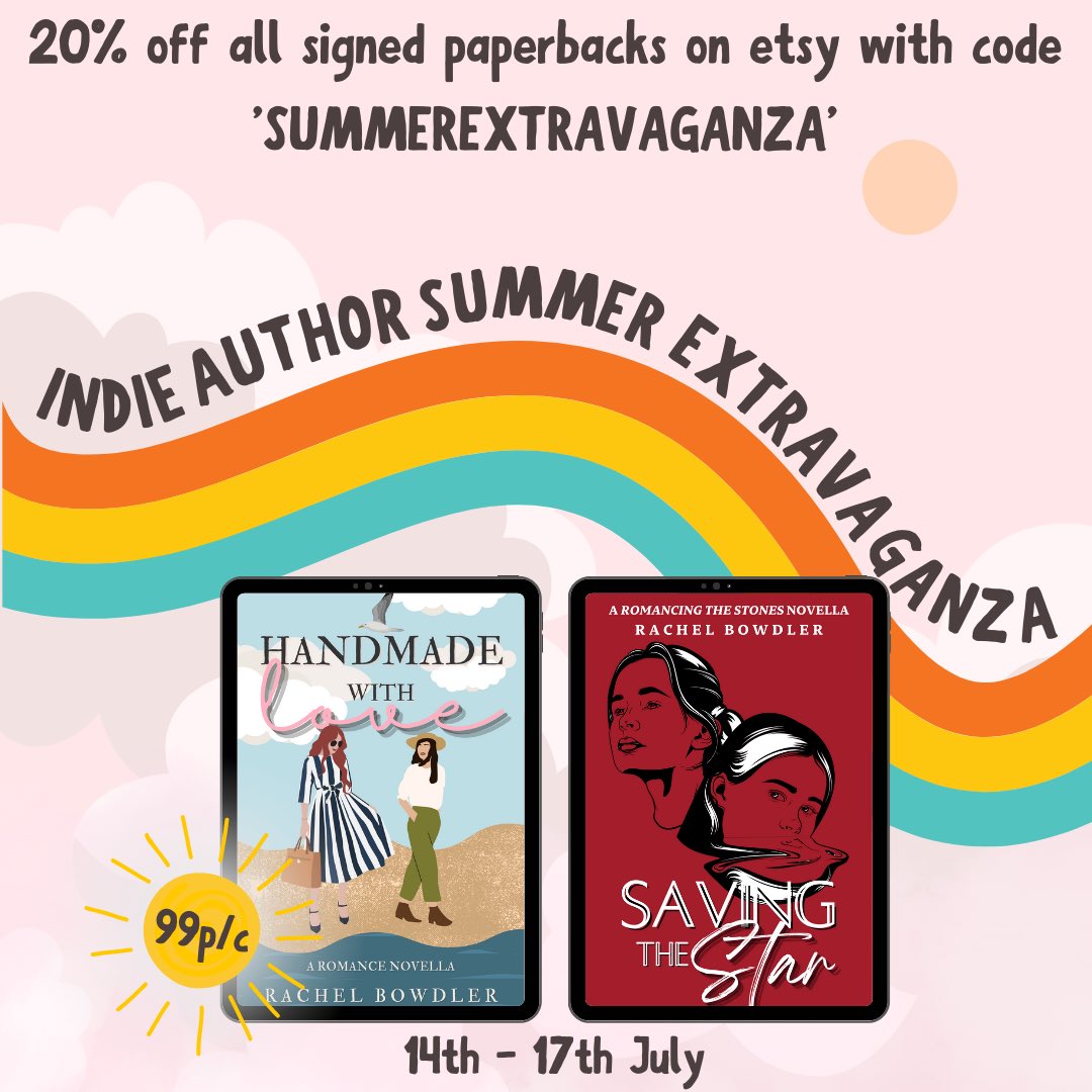 Two of my sapphic romances are discounted for the Summer Extravaganza! Travel to a cosy coastal town with Handmade With Love or dive into Hollywood with Saving the Star. 99p/c each. Plus, I’m running an Etsy sale this weekend: 20% off with the code SUMMEREXTRAVAGANZA. 🔗👇🏻