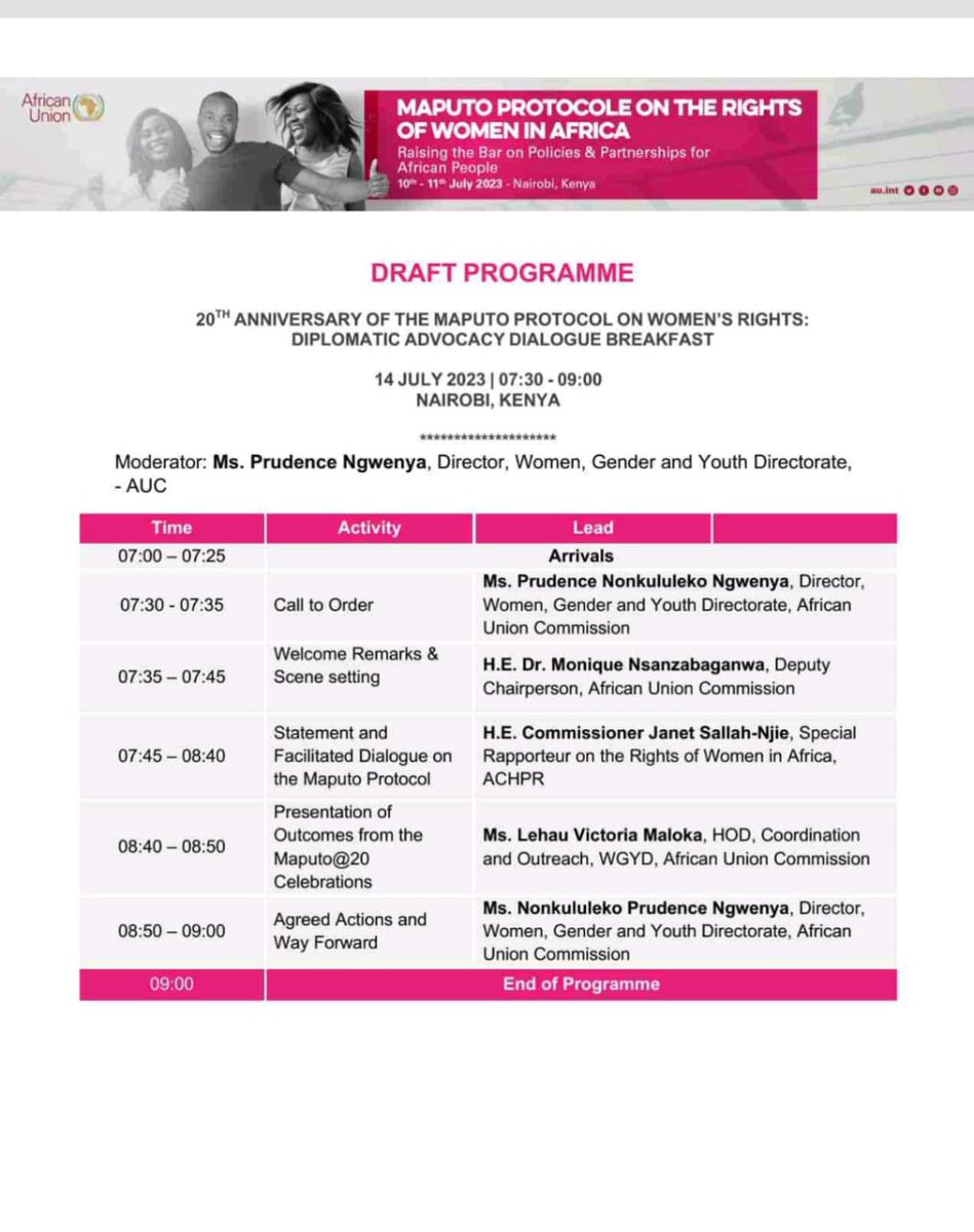 HajerGueldich's tweet photo. Delighted to participate in my capacity of AUCIL Chairperson to the 20th anniversary of the Maputo Protocol on women's rights: Diplomatic Advocacy Breakfast, today Friday 14th July 2023 in Nairobi, held by the African Union Commission
#Maputo Protocol #AUC #ACPHR #AfCPHR #AUCIL https://t.co/oDmRnRTtE8
