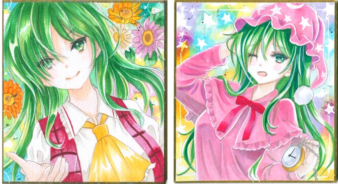 #7月14日は風見幽香の日 ゆうかりん詰め合わせセットです('ω`*) アナログ絵2枚、旧作ゆうかりん+寝間着ゆうかりん、そして昨年の幽香の日の絵
