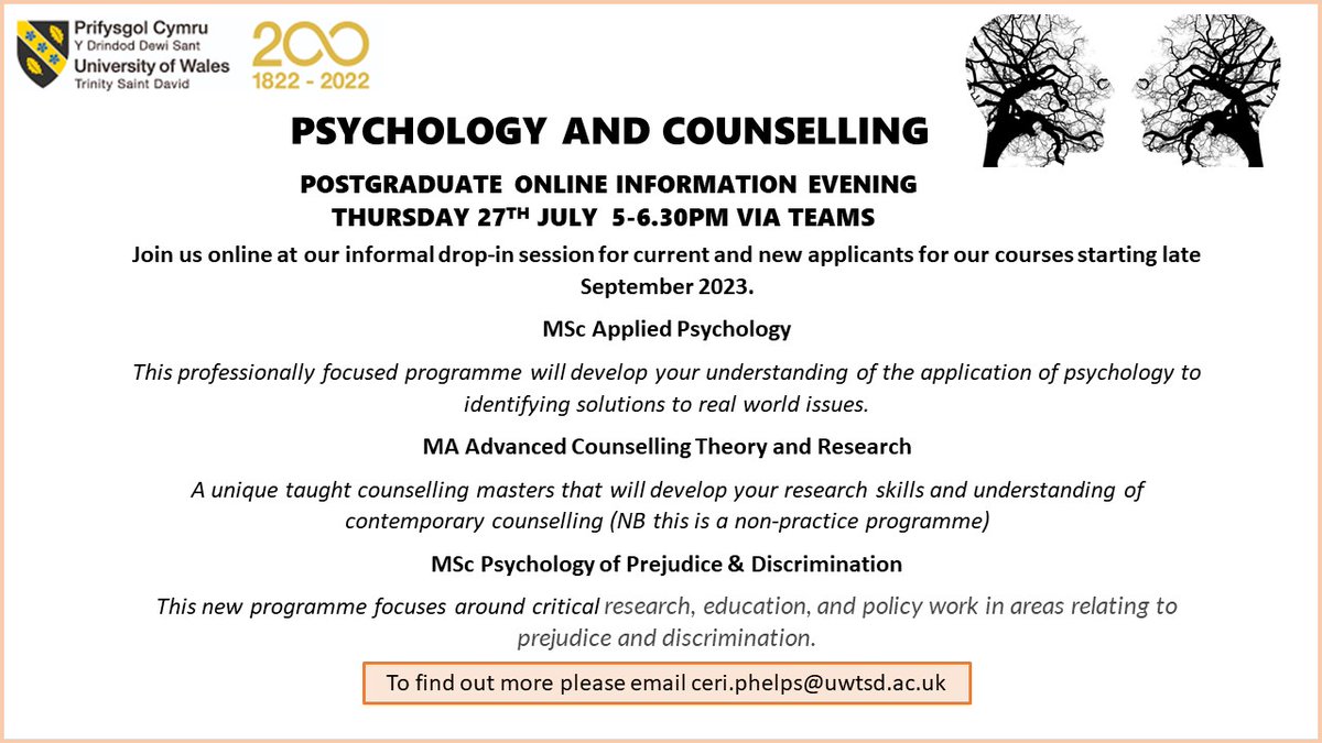 CeriPhelps1's tweet photo. Join us at our @UWTSDPsych online postgraduate open evening Thursday 27th July and find out about our unique professionally-focused Masters courses taught by our subject experts - places remaining for this Sept! @ruthgroff1 @paulbhutchings https://t.co/pLHyR2LCDH