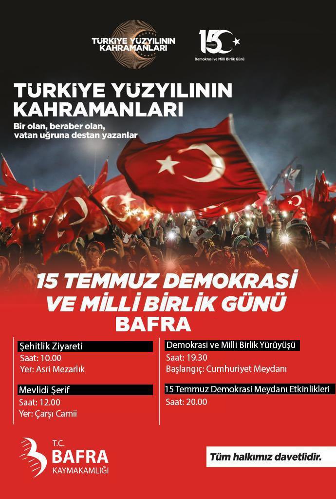 15 Temmuz Demokrasi ve Milli Birlik Günü kapsamında gerçekleştirilecek etkinlikler, velilerimize ve öğrencilerimize duyurulur. <a href="/zulkifdagli/">Doç. Dr. Zülkif Dağlı</a> <a href="/CevdetErturkmen/">Cevdet Ertürkmen</a> <a href="/muratagar60/">Murat AĞAR</a>  <a href="/mehmetalikatip1/">Mehmet Ali KATİPOĞLU 🇹🇷</a> <a href="/samsunmem/">Samsun İl Milli Eğitim Müdürlüğü</a>