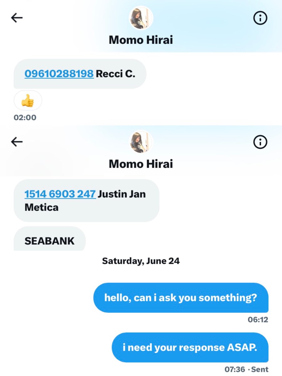 woopzhaul's tweet photo. BEWARE OF SCAMMERS / FRAUD ASKING TO TRADE MONEY FROM PAYPAL TO LOCAL PH BANK ‼️

 @ MomoHiraimwamwa 

• Gcash: 09610288198 Recci C. 
• Seabank: 1514 6903 247 Justin Jan Metica

Asked to trade through Paypal G&amp;S. We had a previous transaction so I didn't mind.

#trade #trading https://t.co/Ity36OLFww
