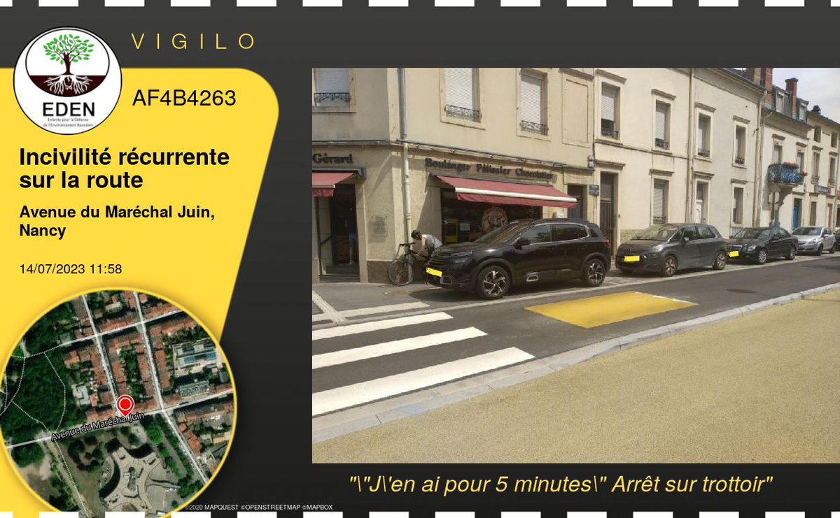 VigiloNancy's tweet photo. \"J\'en ai pour 5 minutes\" Arrêt sur trottoir à #Nancy (Incivilité récurrente sur la route - AF4B4263) https://t.co/K6jerSgfTR