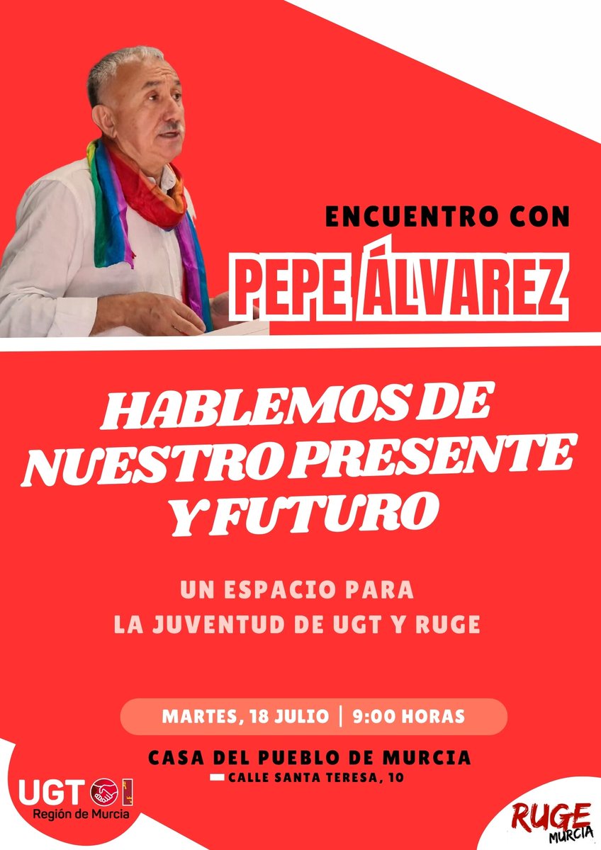 Pepe Álvarez, Sº Gral. de <a href="/UGT_Comunica/">UGT</a>  estará en Murcia el próximo MARTES 18 DE JULIO, en distintos actos sindicales. Más info en los carteles que adjuntamos: 
<a href="/UGTMurcia/">UGT Región de Murcia</a>