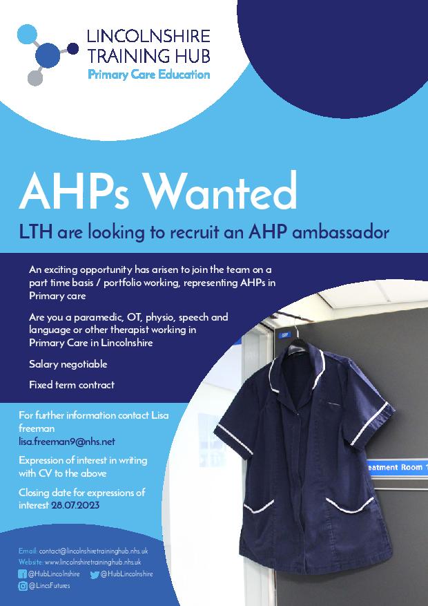We are looking for an AHP ambassador to join our team! If you are interested in representing AHPs in Primary Care, please contact lisa.freeman9@nhs.net for more details.