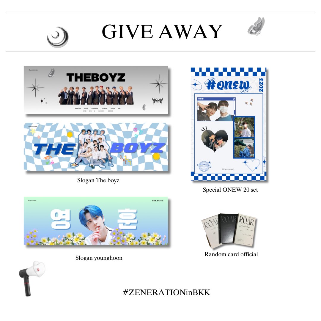 taonormai_'s tweet photo. ꔛ ⋆𝘗𝘭𝘴 𝘳𝘵🩵
- 𝘎𝘪𝘷𝘦 𝘢𝘸𝘢𝘺 50 𝘴𝘦𝘵 -
• Slogan The boyz
• Slogan Younghoon
• Random card office
・°☆ Special QNEW 20 set
date : 5-6 aug 2023
#TheBoyz #더보이즈 #ZENERATIONinBKK #QNEW #คิวนิว #younghoon https://t.co/QfFchoRUJF