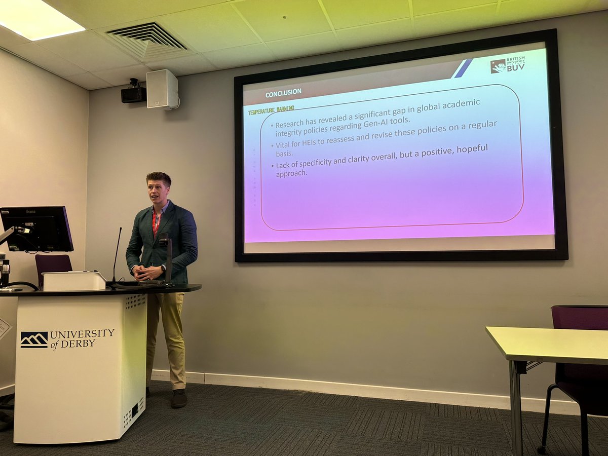 DrLancaster's tweet photo. More fantastic research on #academicintegrity policies from Mike Perkins. Too much to tweet, but brilliant to see acceptance in the field of a broader set of research methods. Mike notes that there’s still a gap in policy documents relating to #artificialintelligence #ECEIA2023 https://t.co/4QGmcoDcaz