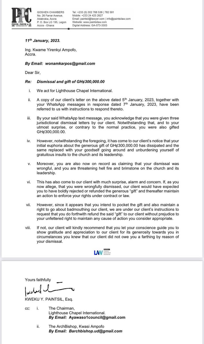 Bishop Kwame Yirenkyi Ampofo, who served at Lighthouse Chapel International was taken to the Auto Theft Unit of the Criminal Investigations Department for allegedly stealing a Chevrolet Tahoe. He claimed that the car was a gift from the church, but now the church is seeking to