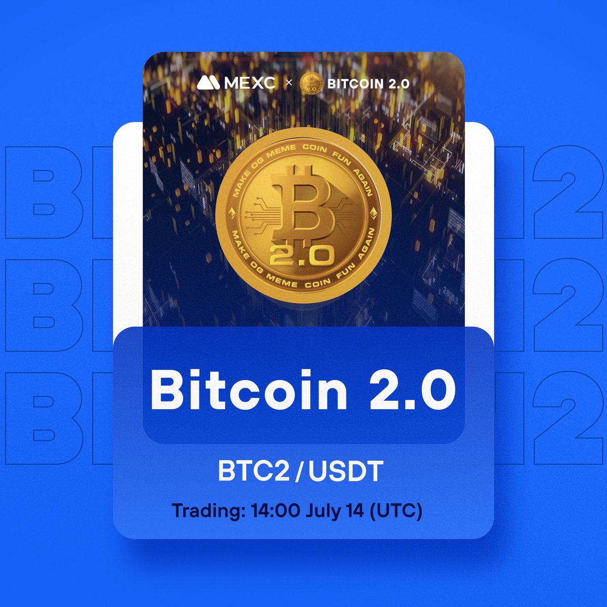 Happy to announce that the @btc2_erc Kickstarter has concluded and #BTC2  will list on #MEXC! 🔹Deposit: Opened 🔹BTC2/USDT Trading: Jul 14, 14:00  (UTC) Details: https://t.co/zpKpbFLqwp