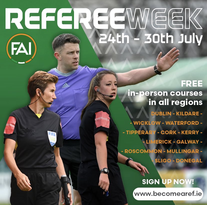 FAICork's tweet image. Due to demand, we’ve opened additional FREE places at the course in Cork on July 29th. Love football? Why not give it a try - by the end of July another 40+ people in Cork will be qualified to referee at the start of the season! @CorkReferee 👏👏👏