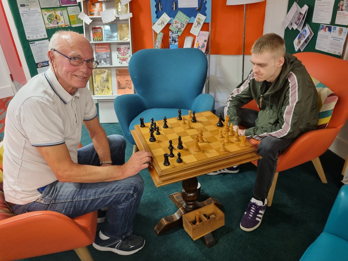 Andrew4Didsbury's tweet photo. AtNewton Heath Library with @JuneCllr &amp; @GlLamby71 with Alex and Kevin playing on the chess board made by my Grandad,  William Isaac Simcock, a Labour Councillor in Stoke-on-Trent in the 1930s. Now on permanent loan here. Victory for Kevin in this first match on the board! https://t.co/eZin2ErBaY