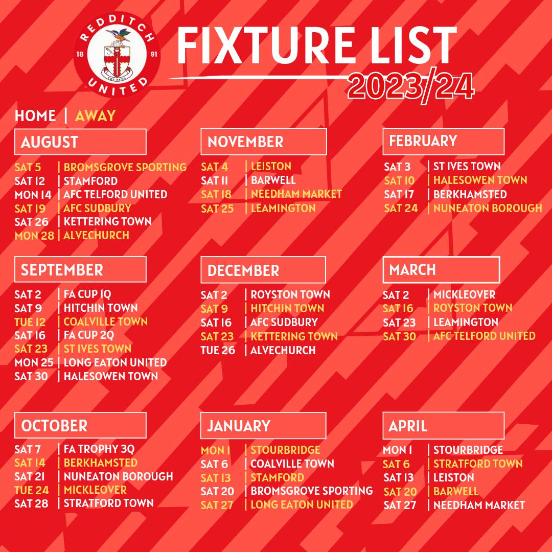 RedditchUtd's tweet image. 𝟮𝟬𝟮𝟯/𝟮𝟰 𝗙𝗶𝘅𝘁𝘂𝗿𝗲 𝗟𝗶𝘀𝘁
Well well well... 👀
The Reds fixture list in full.

It kicks off with a bang in 22 days time, who's excited?
