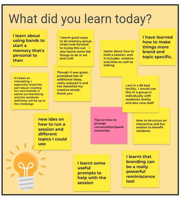 MuseumofBrands's tweet photo. It's #feedbackfriday! Thanks to our amazing participants at our Creative #Dementia #Reminiscence Training this month. Here's some feedback we got! 'I learnt that branding can be a really powerful reminiscence tool' @NAPAlivinglife #alzheimers #livingbrands #activityprovider https://t.co/siWp6Zeh39