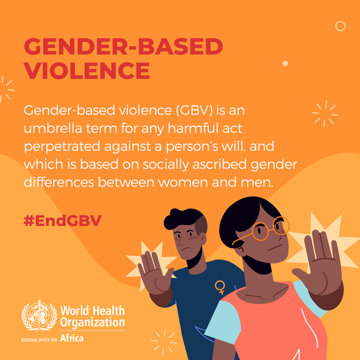 WHO African Region (@whoafro) on Twitter photo Gender-Based Violence is a violation of the rights, bodies and health of victims.
The message is loud and clear: 📢 Protect women and end gender-based violence. 
#EndGBV #GBV Gender-Based Violence is a violation of the rights, bodies and health of victims.
The message is loud and clear: 📢 Protect women and end gender-based violence. 
#EndGBV #GBV