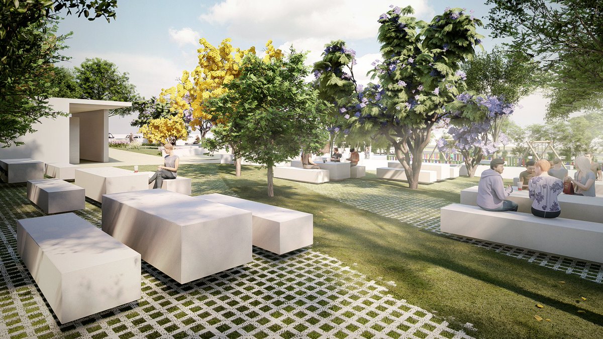 FocusArq's tweet photo. NUEVO PROYECTO: Parque Municipal Alcalde Tomás Fernández Domínguez, Villanueva de los Castillejos (Huelva). 🌳

Se hubo de tener en cuenta tanto las aportaciones exigidas por el programa de necesidades recibido, como el mantenimiento de ciertas preexistencias. https://t.co/RcNvqqBDUb