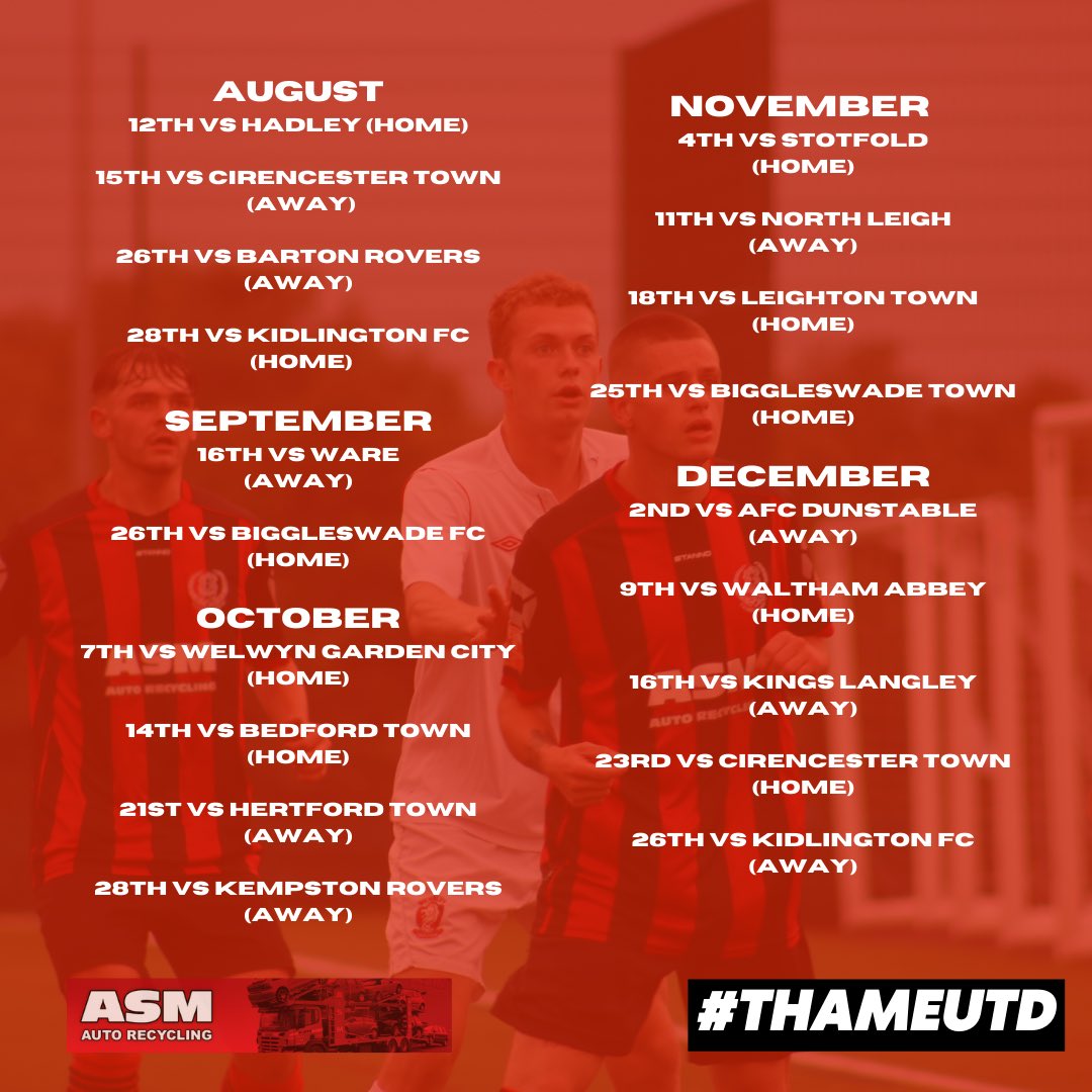 Our fixtures for the 2023/2024 season has been released

We start with a Home tie against Hadley on 12th August, followed by an away game on Tuesday 15th August against Cirencester Town 

Our season ends on 27th of April with a trip to Waltham Abbey

#ThameUtd | ⚫️🔴