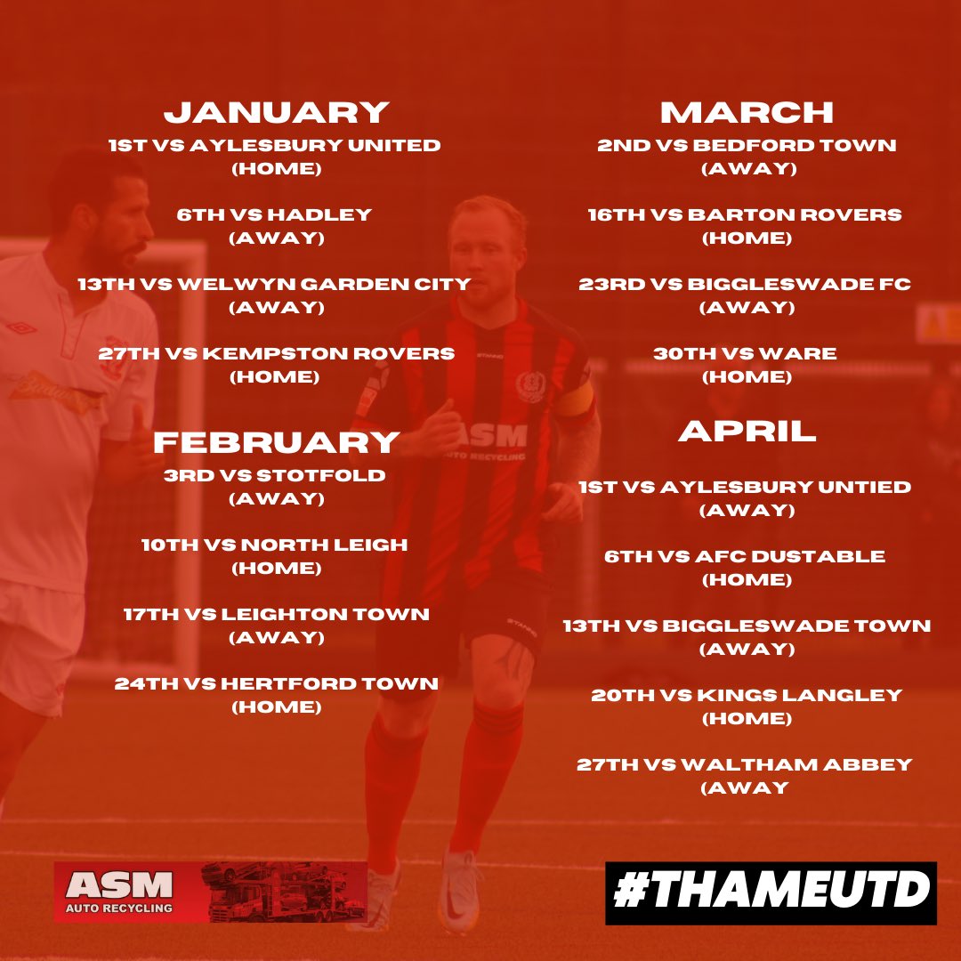 thameunitedfc's tweet photo. Our fixtures for the 2023/2024 season has been released

We start with a Home tie against Hadley on 12th August, followed by an away game on Tuesday 15th August against Cirencester Town 

Our season ends on 27th of April with a trip to Waltham Abbey

#ThameUtd | ⚫️🔴 https://t.co/ANqA3jtumF